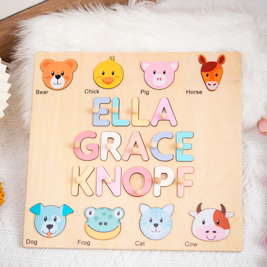 Cute Big Head Animals Personalized Name Puzzle - Wooden Montessori Toys, 1st Birthday Gifts for Baby Girl | KindlyToys